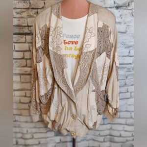 Lim's vintage 80s Artisan crochet embroidery Oversized Jacket Linen pockets OSFM